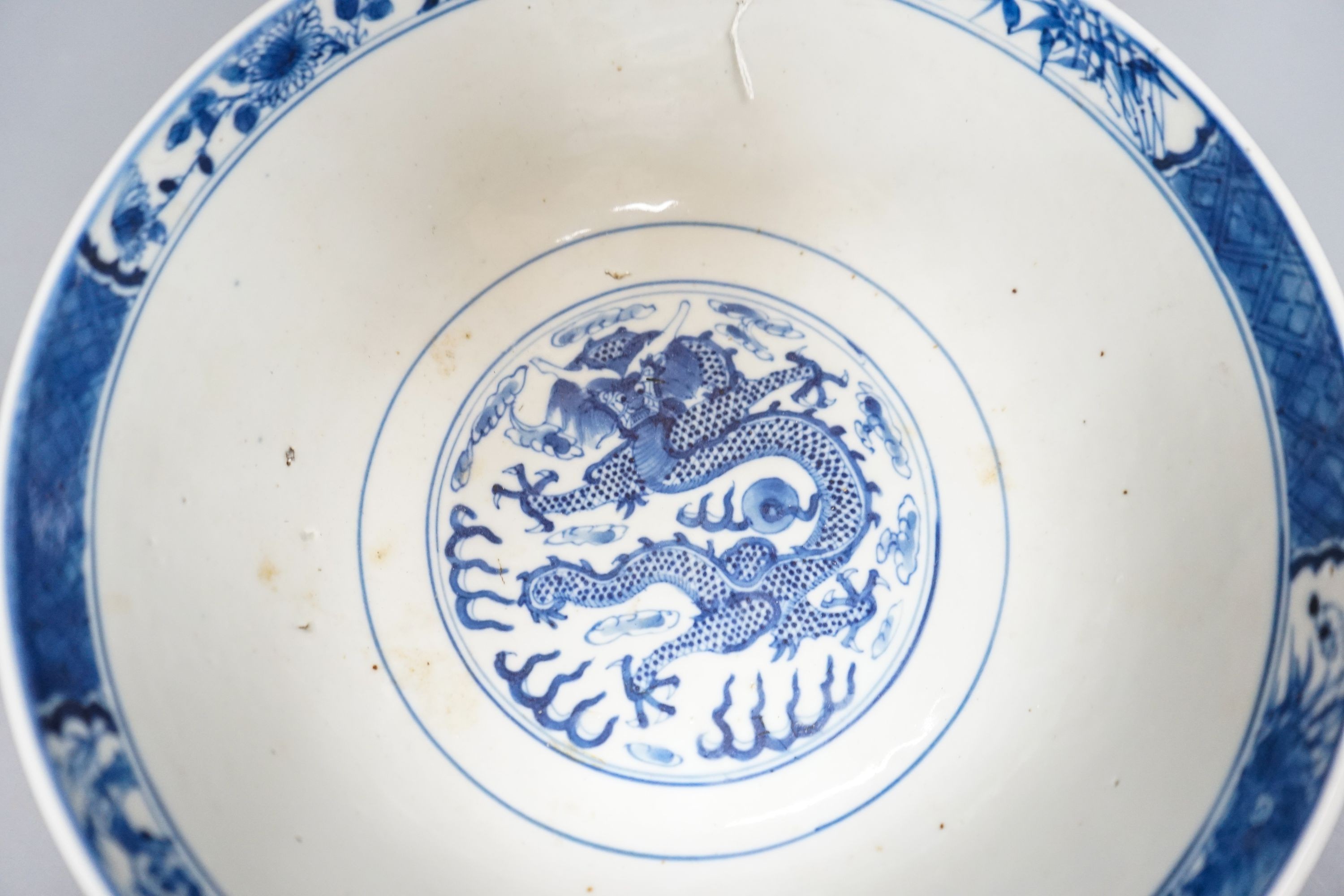 A Chinese blue and white ‘dragon’ bowl, Kangxi mark, late 19th century 25cm